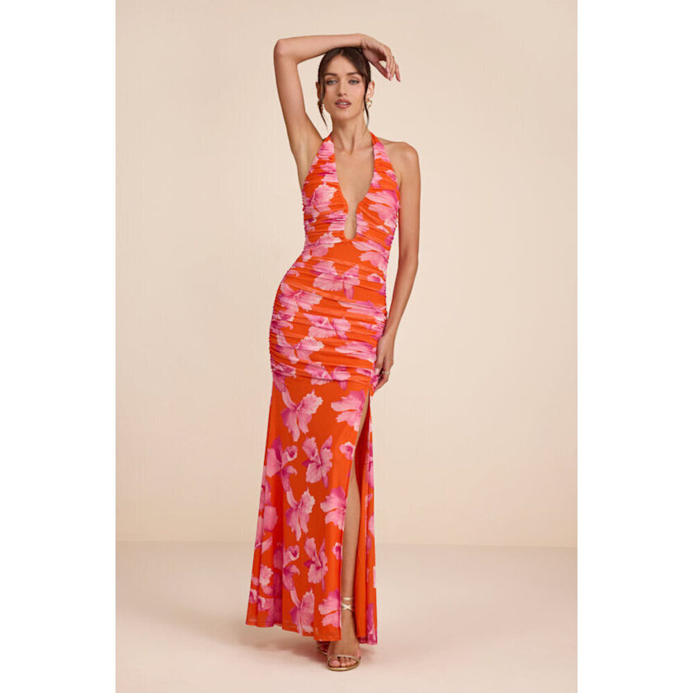 Lulus Fiametta Orange And Pink Floral Ruched Maxi Dress - Size M
